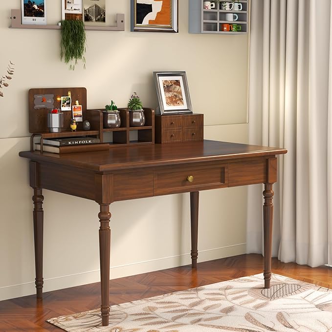 Solid Wood French Country Desk,Writing Desk with Storage Drawers,Farmhouse Computer Table Makeup Table Modern Simple Style,for Home Office Living Room Study Workspace Bedroom (Walnut, 31.5IN)