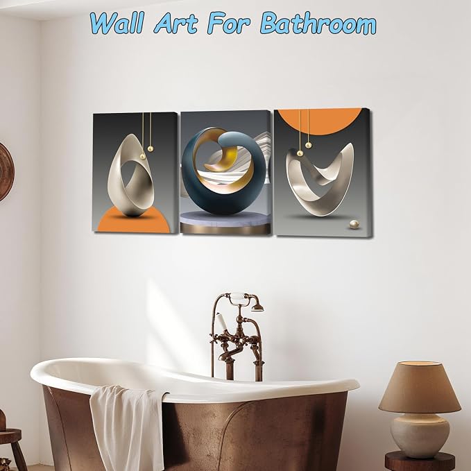 Pennimor 3 Piece Framed Abstract Wall Art, Geometric Wood Canvas Wall Decor, Modern Minimalist Bright Style Artwork Printing for Bathroom Bedroom Living Room Home Office Farmhouse 16x24in