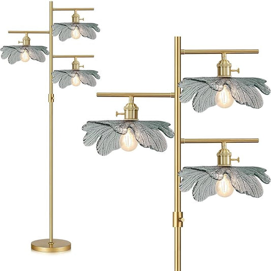Dimmable Floor Lamp Farmhouse Floor Lamps for Living Room, Antique Brass Tree Lamp Standing Lamp Tall Lamps with Dark Green Glass Shade, Gold Flower Floor Light for Bedroom Corner Study Office