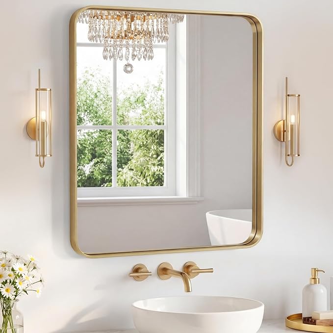 NEWBULIG 28X32 Inch Bathroom Mirror for Over Sink, Wall Vanity Mirrors Tempered Glass, Anti-Rust Metal Framed Rounded Rectangle, Hangs Horizontally or Vertically, Farmhouse Home Decor, Gold