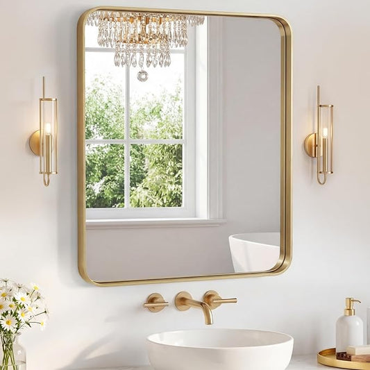 NEWBULIG 28X32 Inch Bathroom Mirror for Over Sink, Wall Vanity Mirrors Tempered Glass, Anti-Rust Metal Framed Rounded Rectangle, Hangs Horizontally or Vertically, Farmhouse Home Decor, Gold