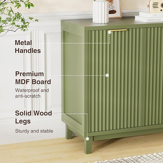 Fluted Cabinet with Storage, 2 Doors Sideboard Buffet, Mid Century Modern Accent Cabinet with Adjustable Shelves, Multifunctional Console Table with Storage for Living Room, Kitchen, Entryway, Green