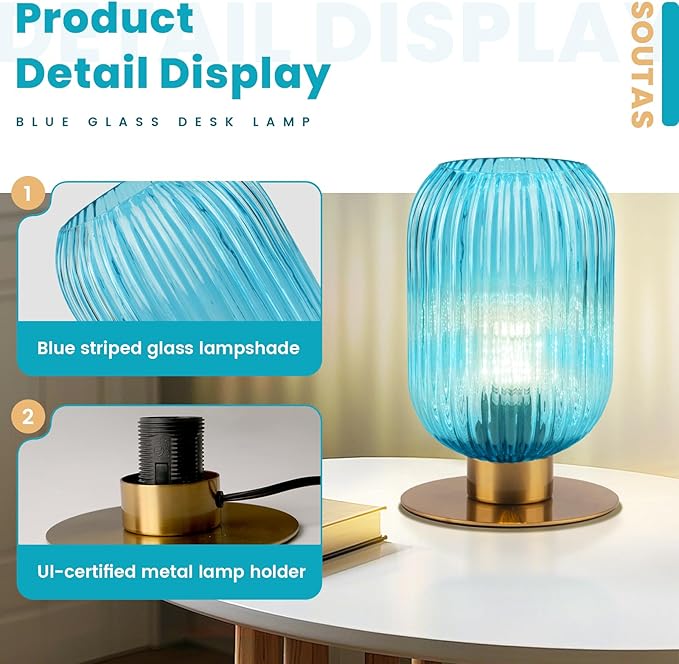 Nightstand Lamps Set of 2, Small Vintage Table Lamp with Gold Metal Base, Coastal Blue Glass Bedside Lamp Decorative Desk Lamp for Bedroom Living Room Study Room