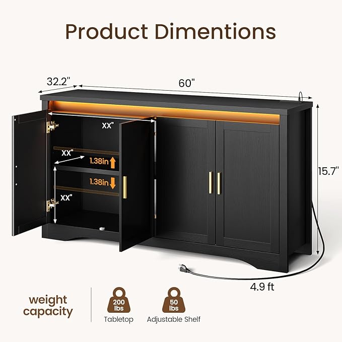 60'' Sideboard Buffet Cabinet with Storage, Modern Coffee Bar Cabinet with Power Outlets, LED Light, 4 Doors & Adjustable Shelves, Buffet Table for Kitchen, Dining Room, Living Room, Black