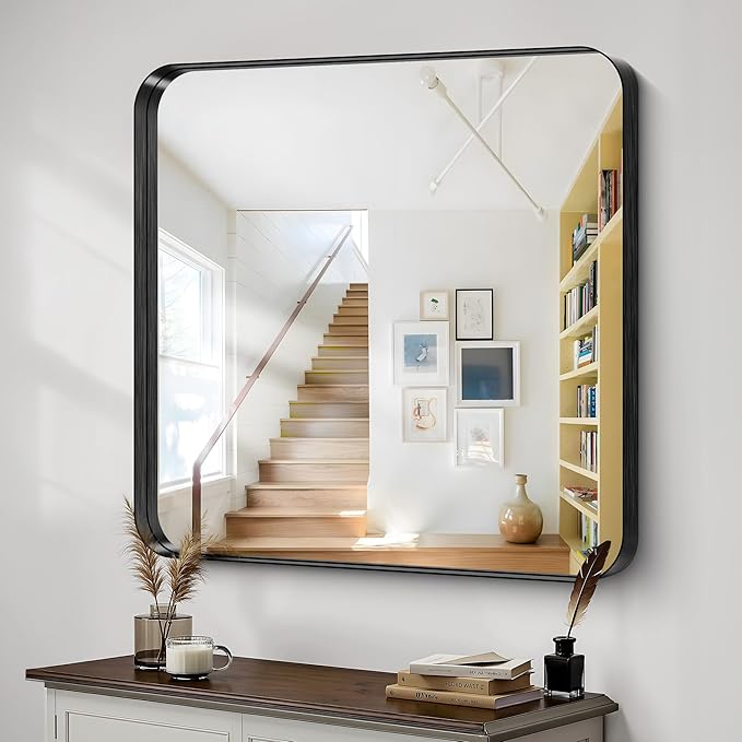 CIRCUMI Black Bathroom Mirror, 42"x42" Rectangular Mirror with Deep Metal Frame, Rounded Corner, Tempered Glass, Mirror for Wall, Oversink, Bedroom, Installed Vertically/Horizontally, Crystal-Clear