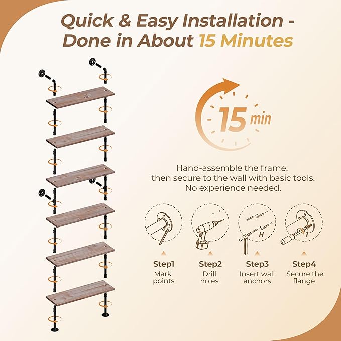 6 Tier Industrial Ladder Shelf Bookcase, Wall Mounted Rustic Bookshelf for Living Room Decor and Storage (Weathered Brown, 6 Tier - 10" D x 36" W x 82.5" H)