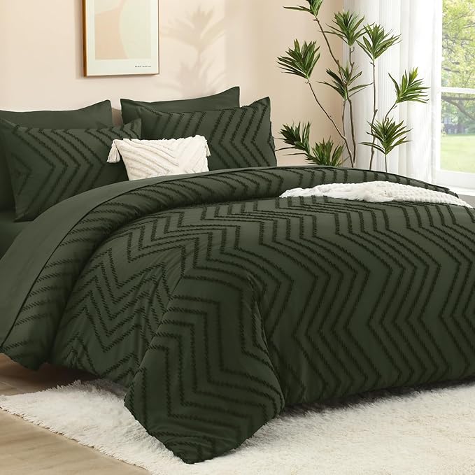 Litanika King Size Comforter Set with Sheets Dark Olive Green - 7 Pieces Bed in a Bag King Chevron Tufted Complete Bedding Sets with Comforter, Sheets, Pillowcases & Shams