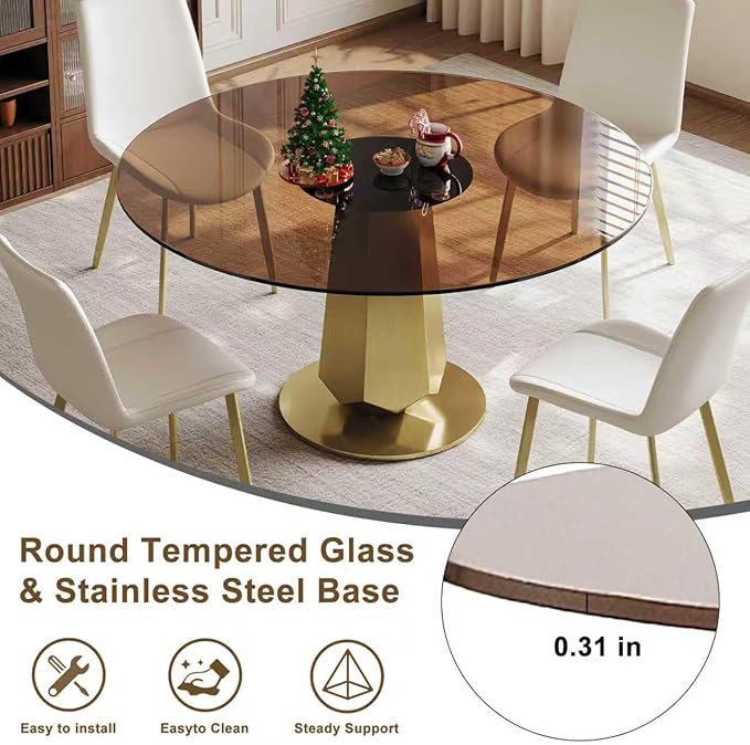 Montary 53 inch Luxury Round Dining Table with Smoked Glass Top, Modern Kitchen Table for 4-8 People, Gold Stainless Steel Base & Easy Assembly, Space Saving Breakfast Table for Apartments