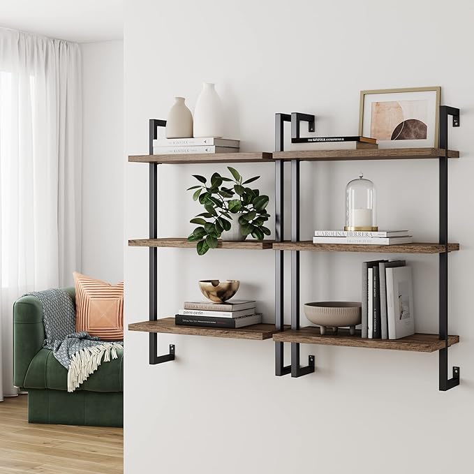 Nathan James Theo Industrial Pipe 3-Shelf & 5-Shelf Ladder Bookshelves, Rustic Oak/Matte Black and Brown Walnut/Black