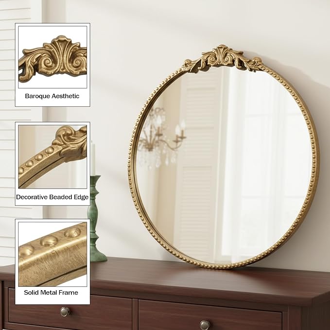 ZIYOO Vintage Baroque Round Wall Mirror 24"x24", Gold Ornate Carved Frame Decor Mirror for Entryway Living Room Bedroom Hallway (Gold Metal,24"x24")