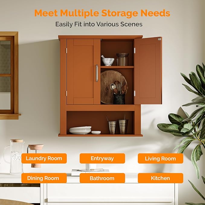 VINGLI Bathroom Wall Cabinet, Black Wall Mounted Storage Cabinet for Bathroom Over the Toilet, Medicine Cabinet with 2 Doors and 3-Height Adjustable Shelf & Open Shelf, Painted MDF, Space Saving