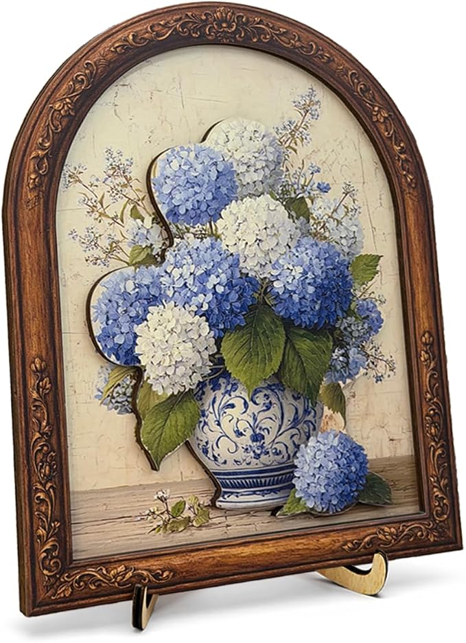 3D Vintage Hydrangea Floral Desk Decor Sign, Boho Vintage Flowers Framed Wall Art Sign for Home Bedroom Living Room Desk Wall Shelf Farmhouse Decor 8x10 Inch