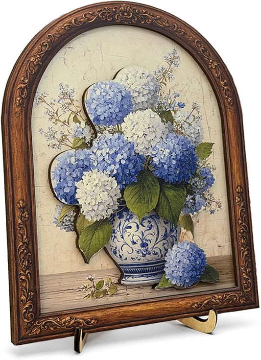 3D Vintage Hydrangea Floral Desk Decor Sign, Boho Vintage Flowers Framed Wall Art Sign for Home Bedroom Living Room Desk Wall Shelf Farmhouse Decor 8x10 Inch