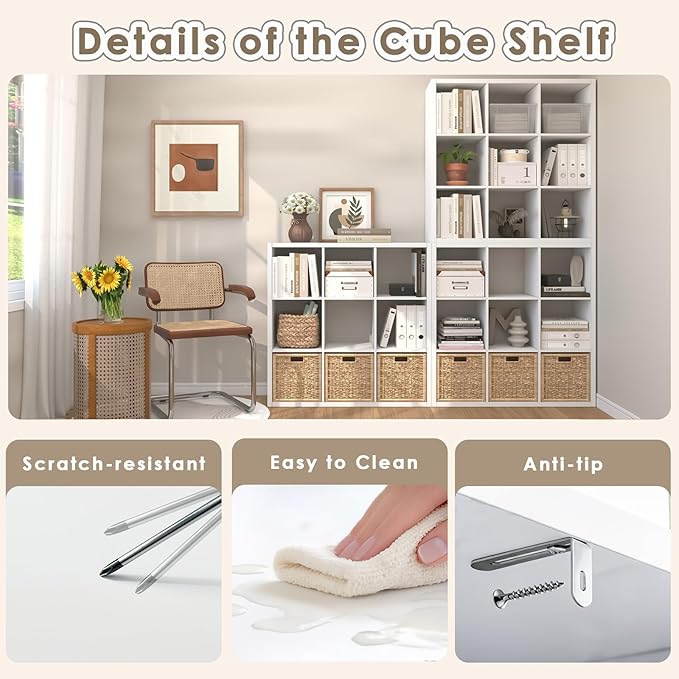 Endearing Limons【2026 Wooden Thick Border 9 Cube Shelf Storage Organizer with Anti-Tipping Kits + Reversible Open Back Bookcase (11 x 11 Unit Cell White)