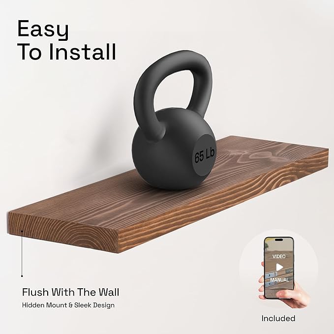 BAOBAB WORKSHOP Wood Floating Shelves, Bathroom Shelf 24 inch, Walnut Floating Shelf for Wall Mounted, Solid Wooden Wall Shelves for Bedroom Kitchen, Walnut Finish, 24 x 6.7, Set of 2