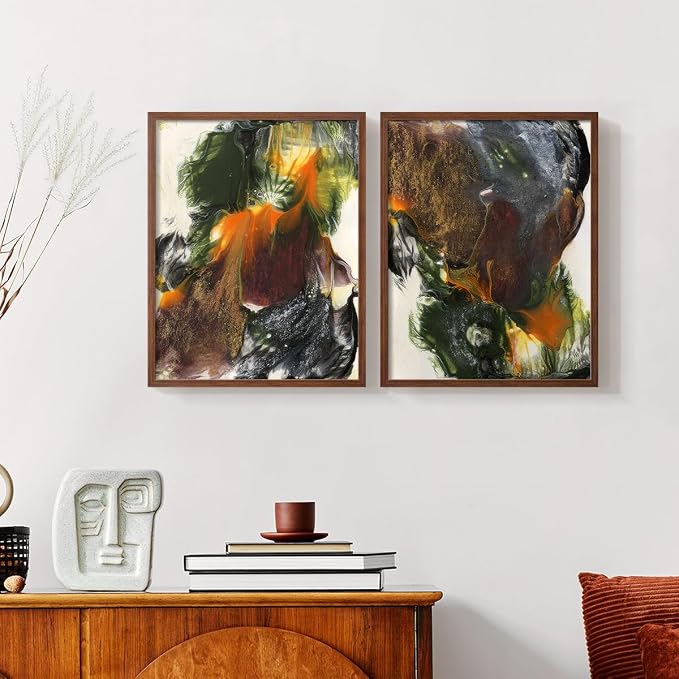 Renditions Gallery Set of 2 Peel & Stick Framed Prints, Watercolor Abstract Wall Art, Colorful Fluid Design Wall Decor, Re-Stickable - Ready to Hang - 8"x10" - Walnut Frame LT588