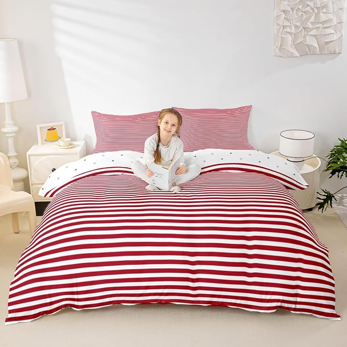 Erosebridal Striped Duvet Cover Full Red and White Geometric Stripe Comforter Cover for Kids Teens | Farmhouse Ticking Stripes Bedding Set Horizontal Stripes Modern Abstract Bed Set