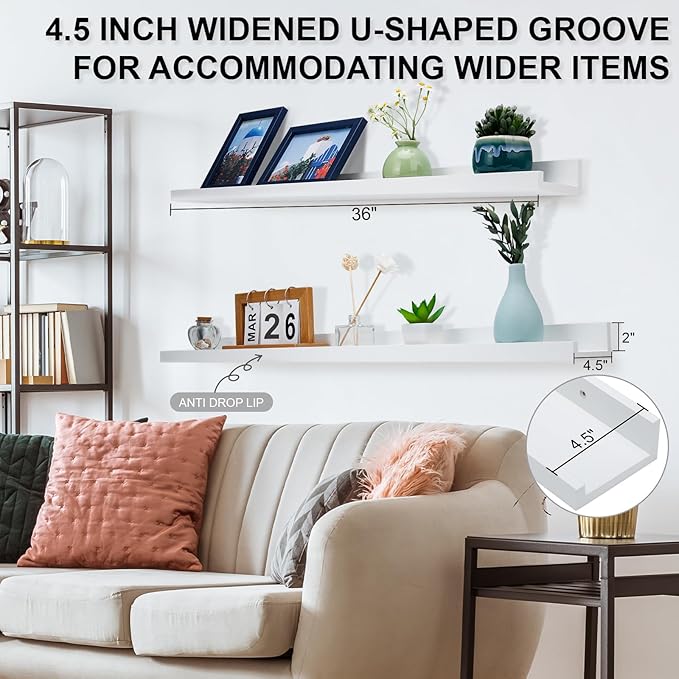 MBYD White Floating Shelves 36 Inches Long, Picture Ledge Wall Shelf for Frames Photo Albums, Wall Mounted Photo Shelves with Ledge Set of 3 Same Dimension for Bedroom Bathroom Living Room Kitchen