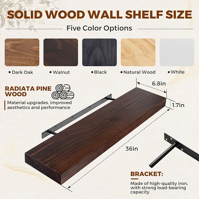 Floating Wall Shelf 36x6.8x1.7 Inch – Solid Wood Shelf in Walnut Finish – Heavy Duty Wall Mounted Rustic Display Shelf for Living Room, Kitchen, Bedroom, Hallway – Set of 2