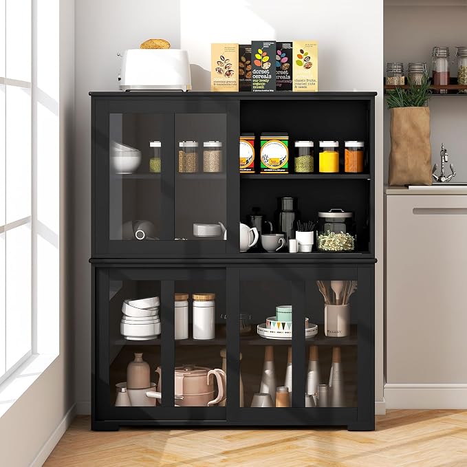 Byroce Sideboard Buffet Cabinet, Stackable Storage Coffee Bar Cabinet with Adjustable Shelf & Glass Sliding Doors, Wood Cupboard Credenza Console Table for Kitchen Dining Living Room (2, Black)