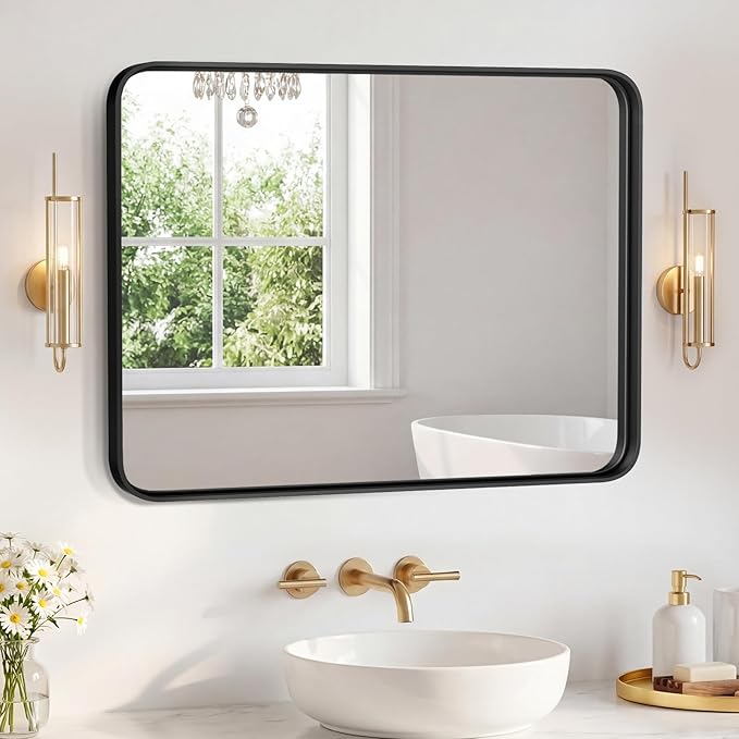 NEWBULIG 32X40 Inch Bathroom Mirror for Over Sink, Wall Vanity Mirrors Tempered Glass, Anti-Rust Metal Framed Rounded Rectangle, Hangs Horizontally or Vertically, Farmhouse Home Decor, Black