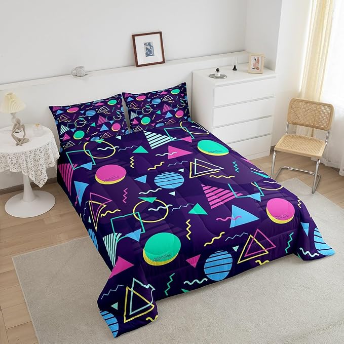 Manfei Memphis Comforter Set Full Size, Retro 80s or 90s Fashion Style Bedding Set 3pcs for Kids Boys Girls, Geometric Triangle Circle Quilt Set Soft Polyester Duvet Set with 2 Pillowcases