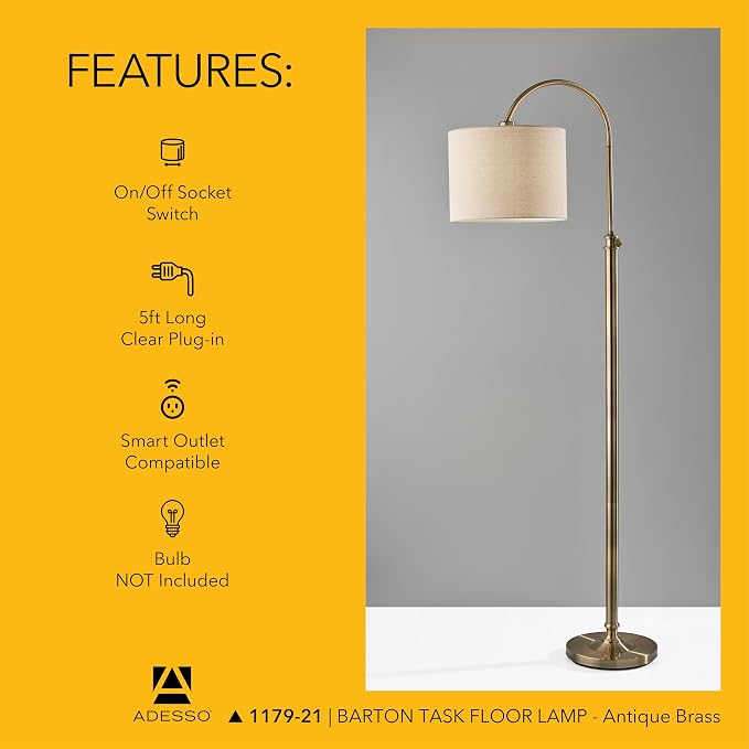 Adesso Antique Brass Floor Lamp with Oatmeal Linen Shade – Adjustable Height Accent Light for Bedroom, Living Room, or Home Office, up to 68” Tall
