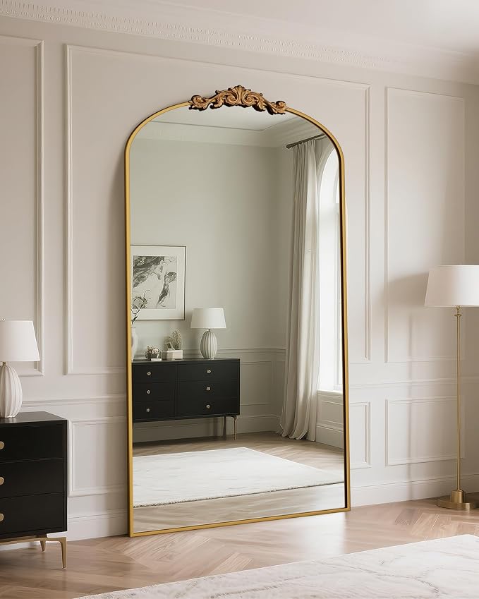 Antok Arched Full Length Mirror, 81"x41" Floor Mirror with Carved, Full Body Mirrors for HomeDecor, Standing/Halling Large Wall Mirror for Bedroom, Living Room, Cloakroom, Gold, Retro Style