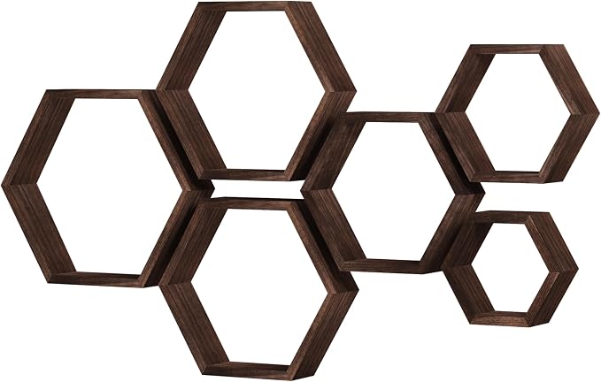 WONFUlity Hexagon Floating Shelves Honeycomb Shelves Wall Mounted Wood Farmhouse Storage Wall Shelf for Bathroom, Kitchen, Bedroom, Living Room,Driftwood Finish Decor,Dark Brwon