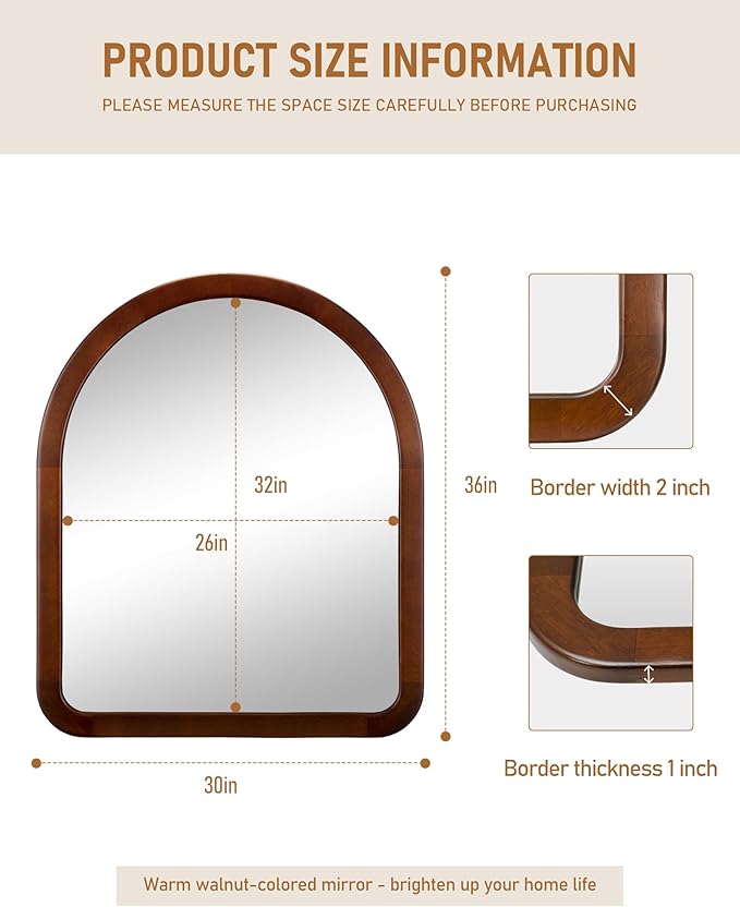 Arched Mirror 30 x 36 Inch,Walnut Brown Wood Rustic Bathroom Tempered Wall Mirror with Wood Frame,Round Corner Arch Farmhouse Wooden Vanity Mirror for Living Room,Entryway or Bedroom