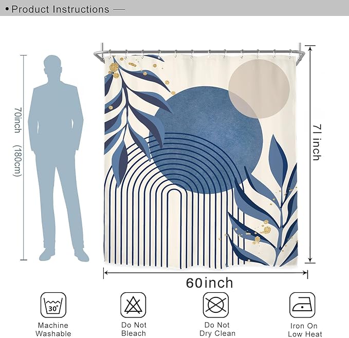 Miyotaa Abstract Minimalist Blue Shower Curtain Set 60Wx71H Inches Aesthetic Modern Geometric Neutral Contemporary Plant Leaves Polyester Waterproof Cloth Bathroom Curtain with 12 Hooks
