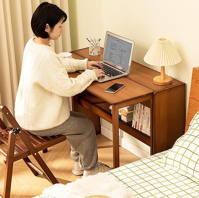 Solid Wood Folding Desk Walnut,Mid Century Modern Desk,Foldable Writing Computer Desk for Home Office,Study Desk with Storage Shelf for Small Spaces