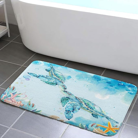 DYNH Sea Turtle Bathroom Rug, Tropical Marine Animals Blue Ocean Underwater Seashell Nautical Beach Non-Slip Bath Mat for Kitchen, 19x31 IN