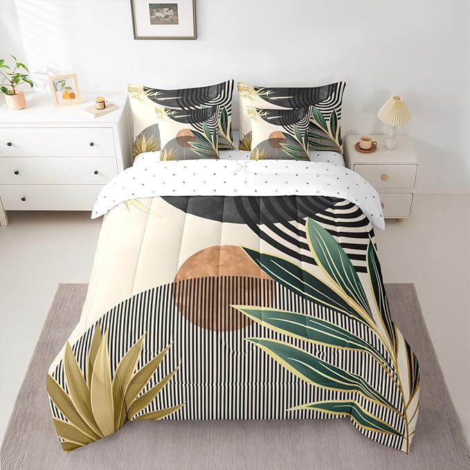 Erosebridal Mid Century Modern Bedding Sets King Boho Botanical Minimalist 7 Piece Comforter Set,Vintage Line Art Bed in a Bag Modern Simple Aesthetic Sheet Set with Comforter,Black Beige