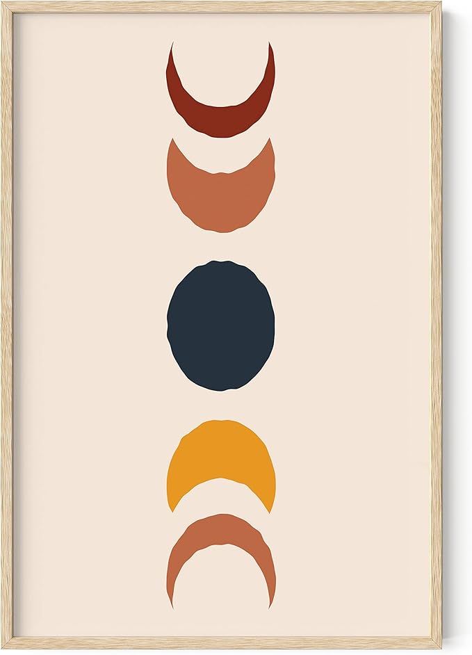 HAUS AND HUES Moon Phases Wall Art - Colorful Moon Transition, Mid Century Modern Boho Decor, Celestial Moon Poster, Beige Frame 24x36