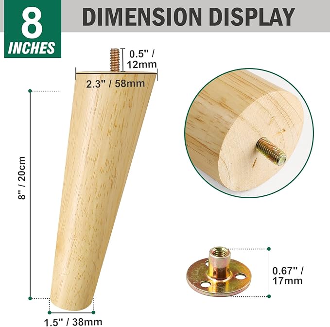 FoDau770 Rubber Wood Furniture Legs 8 Inches, Slant Tapered Wood Feet Mid Century Sofa Legs Set of 8, 5/16" UNC Furniture Feet Replacement Parts for Cabinet Couch Dresser Chair Ottoman Table