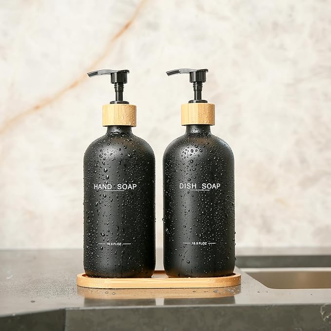 Black Soap Dispenser, Hand Soap, and Dish Soap Dispenser Set Suitable for Kitchen Counter Decor. (Black)