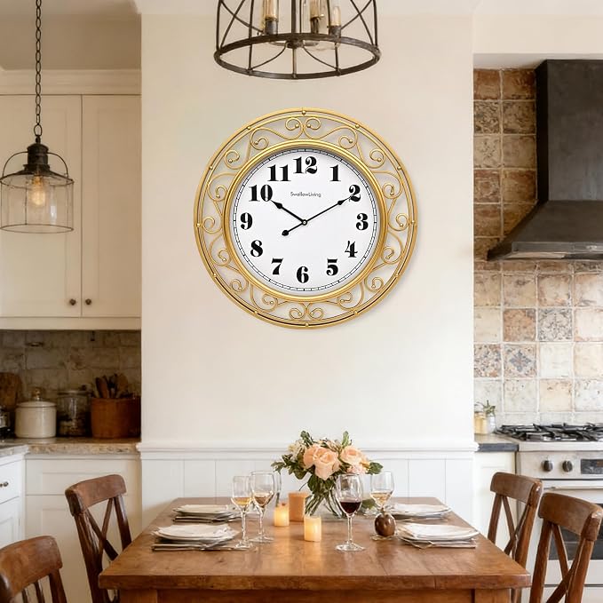 SwallowLiving 24 Inch Vintage Iron Large Metal Frame Gold Wall Clock Silent, Battery Operated, Elegant Retro Decor for Living Room, Kitchen, Office, Dining Room, and Bedroom