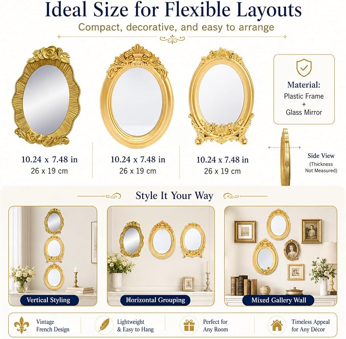 Mifoci Vintage French Wall Mirror Set of 3 Antique Decorative Gallery Wall Mirror Gold Hanging Antique Art Decor Ornate Baroque Style for Living Room Bedroom Home Decor (Oval)
