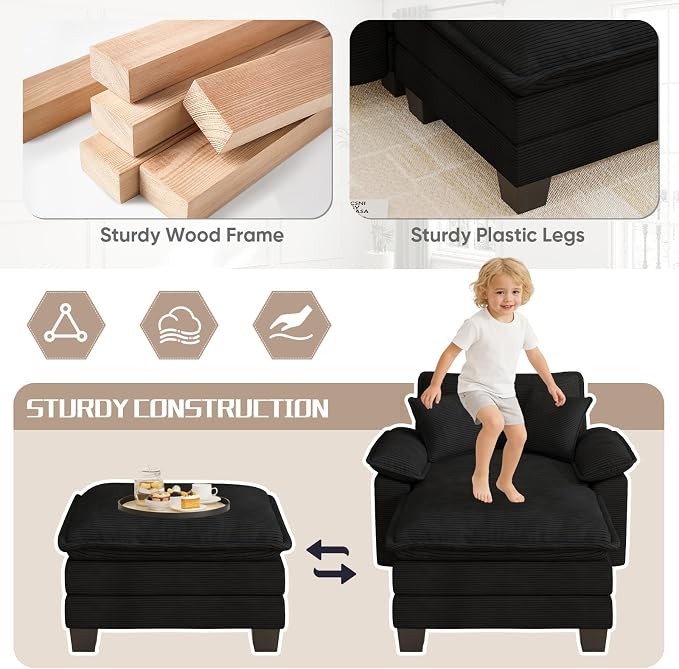 Chaise Lounge Chair Indoor, Oversized Accent Chairs with Ottoman, Luxury Corduroy Upholstered Deep Seat Sleeper Sofa Reading Chairs and A Half with Pillows for Living Room, Bedroom, Apartment, Black