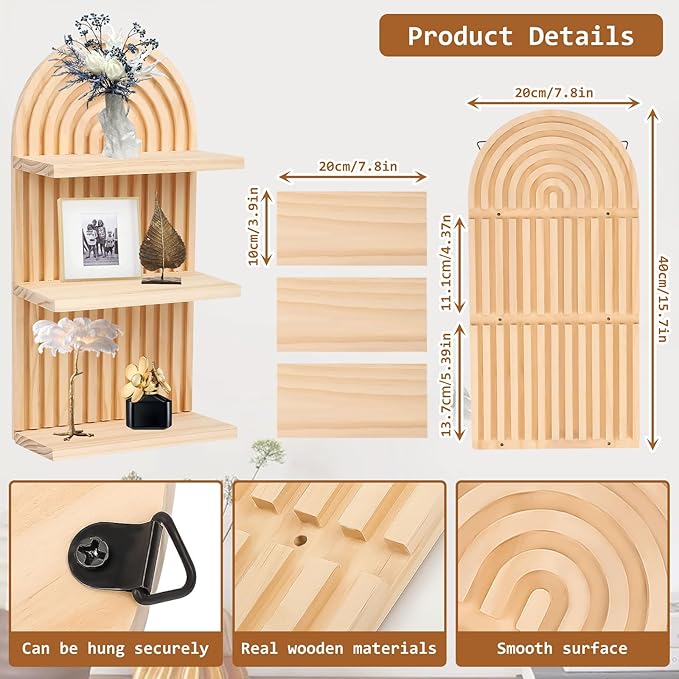 Boho Wall Decor Floating Shelves for Bedroom and Living Room, Mid Century Modern Wooden Wall Shelf Set for Plants and Display, Vintage Arched Decorative Shelves 2 pcs