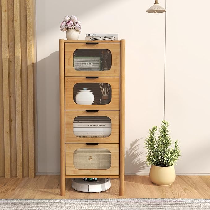 Giantex 4 Drawer Storage Cabinet, Bamboo Storage Organizer with Fluted Tempered Glass Drawers, Mid Century Modern Floor Cabinet for Living Room, Bathroom, Study, Entryway, Natural