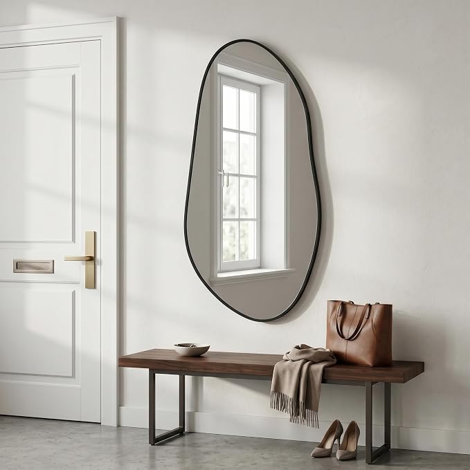 38 x 20 Inch Irregular Wall Mirror, Large Asymmetrical Black Decorative Mirror with Matte Aluminum Frame, Tempered Glass Organic Shape Mirror for Bathroom, Entryway, Living Room