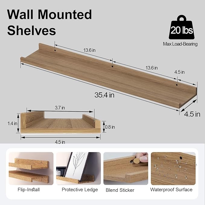 Floating Shelves for Wall Decor, Long Wall Mounted Storage Shelf for Bedroom, Living Room, Bathroom, Kitchen, Nursery, Display Picture Ledge Shelf with Lip Set of 2-36 Inches, Oak