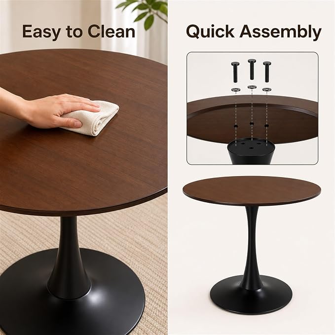 Modern 31.5" Round Tulip Dining Table Walnut Mid Century Pedestal Table for 2–4 Small Kitchen Table Apartment Breakfast Nook Compact Dining Room(No Chairs)