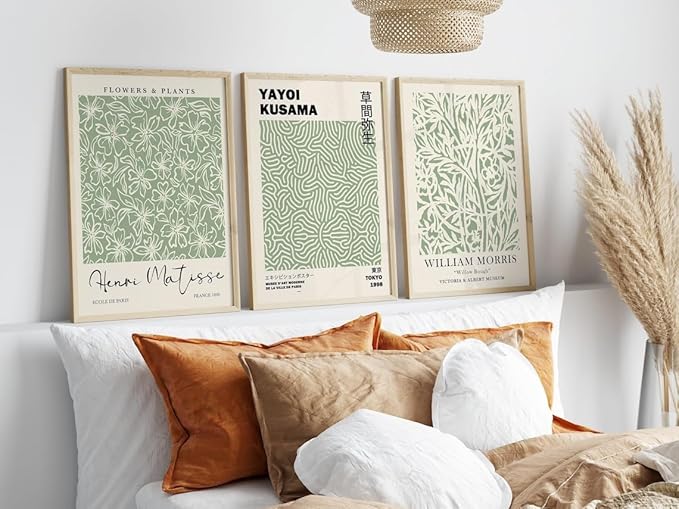 HesenDot Matisse Sage Green Wall Art Set of 3,William Morris Wall Art Decor,12x16IN Truly Quality Canvas Wall Art Pictures,Yayoi Kusama Print, Unframed Fabric wall art,Art poster decoration for
