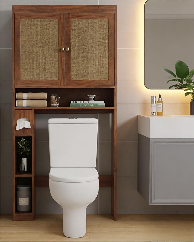 Over The Toilet Storage Cabinet, Over Toilet Bathroom Organizer with Double Doors and Adjustable Shelf, Freestanding Home Space Save Toilet Rack (Walnut Brown)