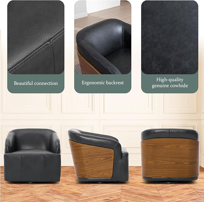 Genuine Leather Swivel Accent Chair Swivel Barrel Chair Comfortable Mid Century Modern Chair Upholstered Metal Base Armchair for Living Room Bedroom Office Large Vintage Black