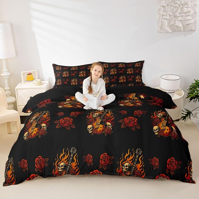 Erosebridal Guitar Rose Bedding Set Queen for Adults Women - Cool Skeleton Flame Duvet Cover Punk Rock Music Comforter Cover,Floral Gothic Skull Print Bed Set