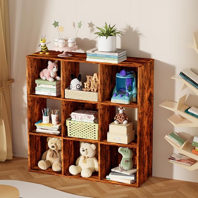 9 Cube Storage Organizer, Free Standing Display Shelf with Open Cubes, Floor Standing Book Shelf Bookcase with Storage for Home Office, Living Room, Bed Room (Vintage Brown, 9-Cube)